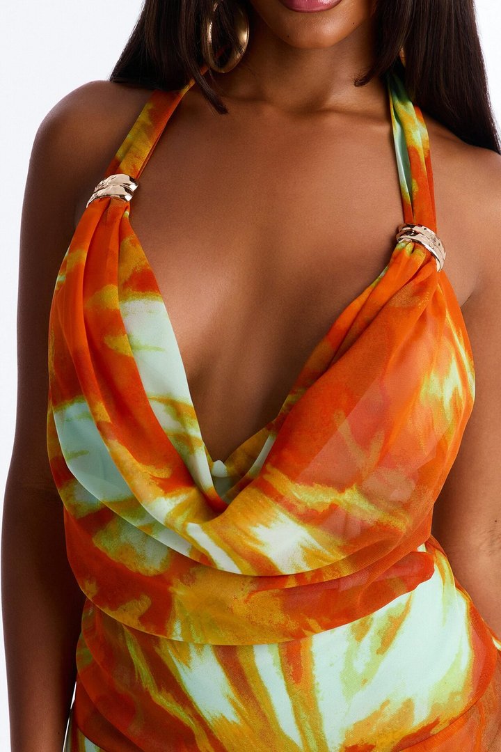 Daydreaming Halter Chiffon Mini Dress - Orange/combo