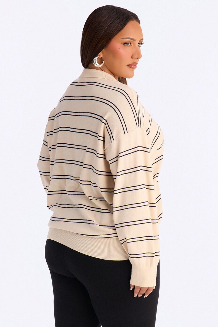 Diana Striped Long Sleeve Polo Sweater - Cream/combo