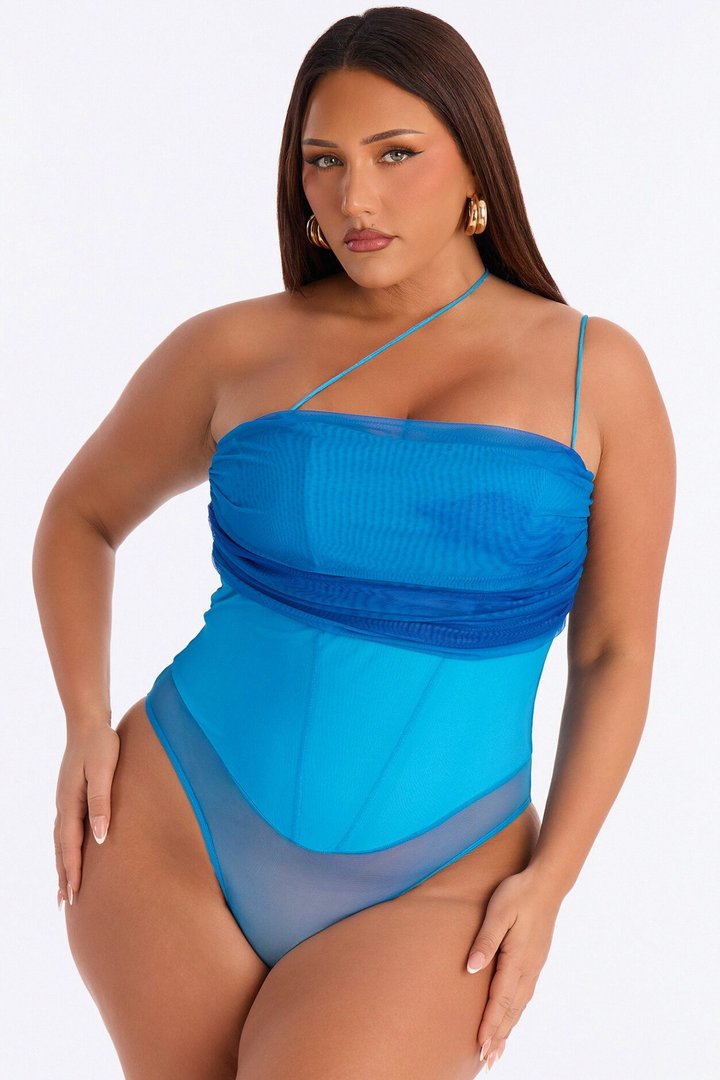 Adeline One Shoulder Mesh Bodysuit - Blue/combo