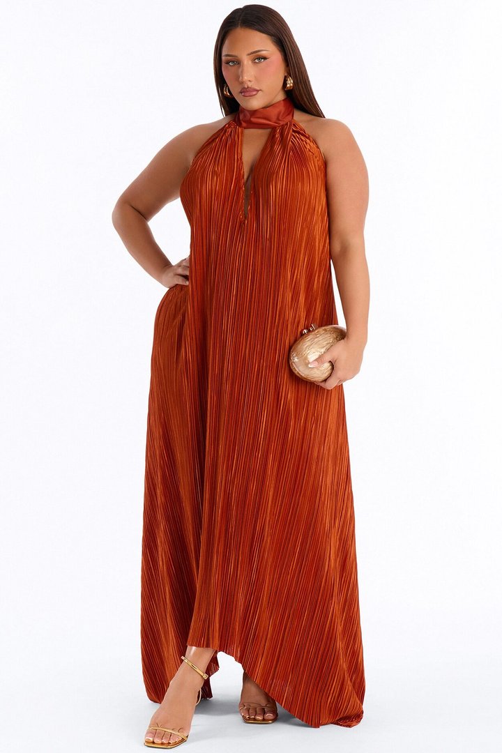 Can't Reach Me Plisse Maxi Dress - Rust
