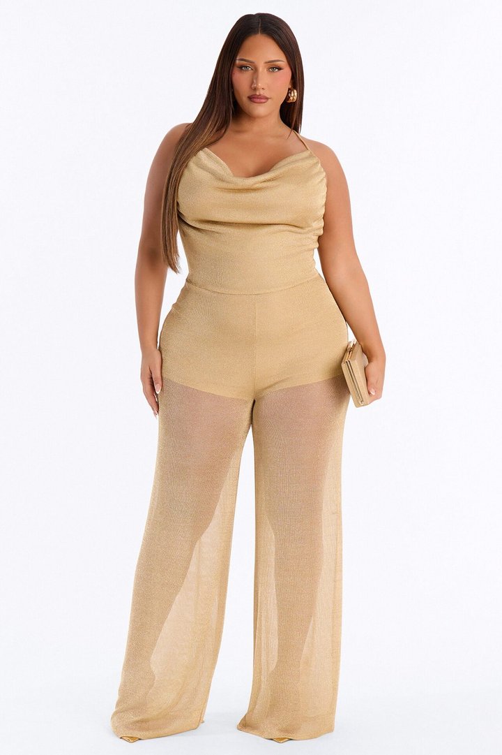 Mia Metallic Knit Wide Leg Jumpsuit - Gold