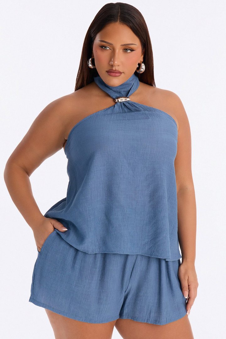 Chloe Halter Textured Short Set - Denim