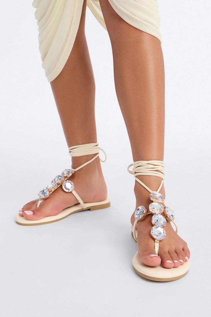 Gems Wrap Up Sandals - Cream