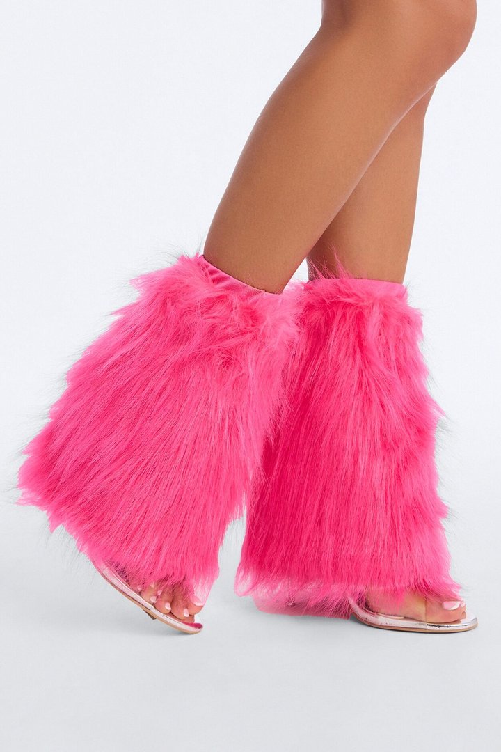 Feather Fun Lace Up Faux Fur Leg Warmer - Hot Pink