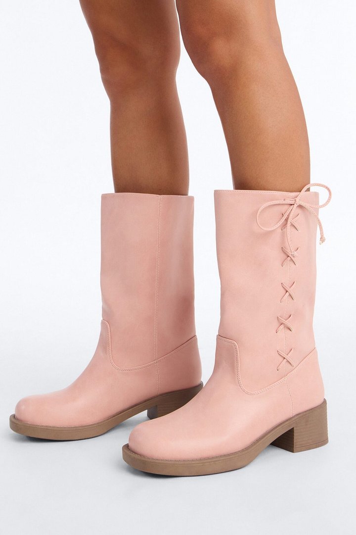 Springy Lace Up Bow Boots - Pink