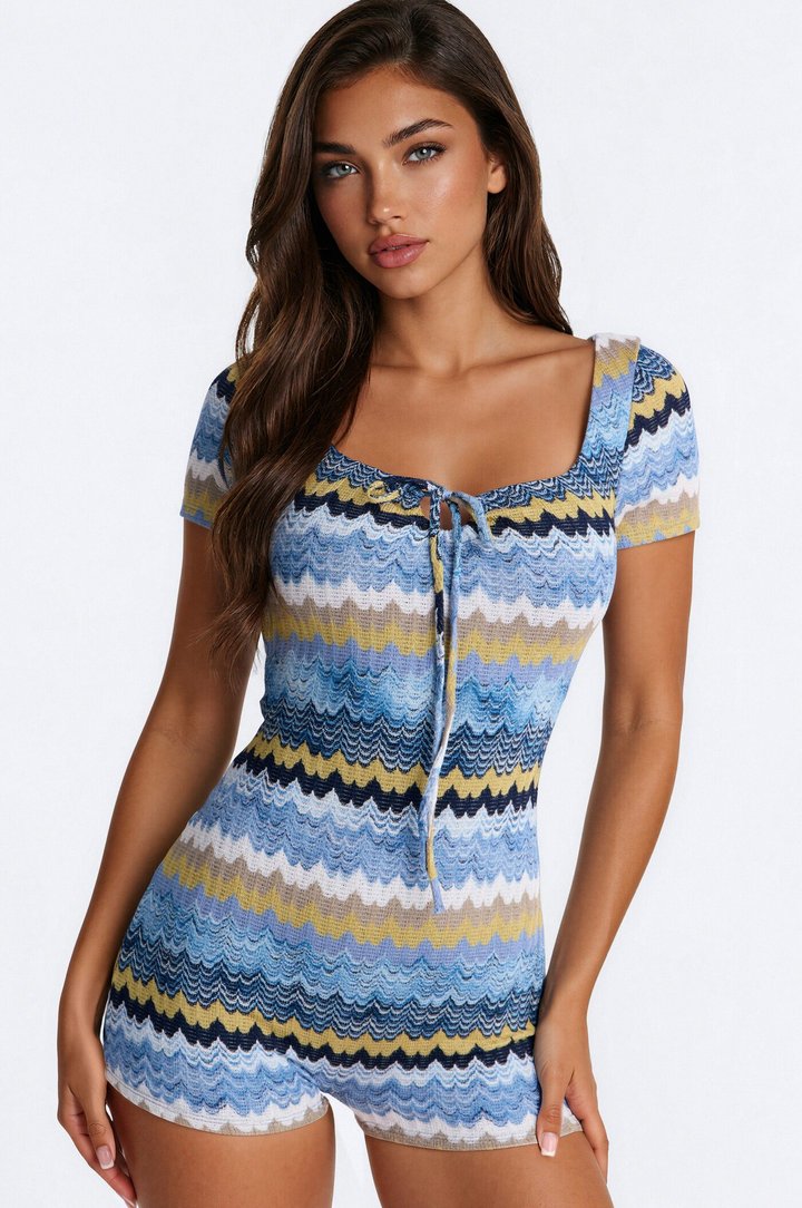 Malibu Waves Short Sleeve Knit Romper - Blue