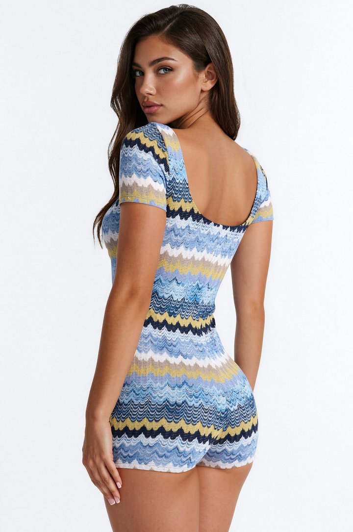 Malibu Waves Short Sleeve Knit Romper - Blue