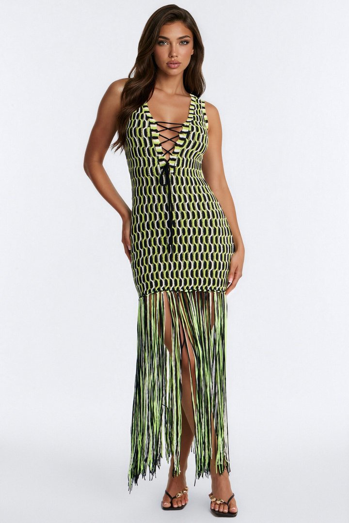 After Hours Fringe Sweater Maxi Dress - Green/combo
