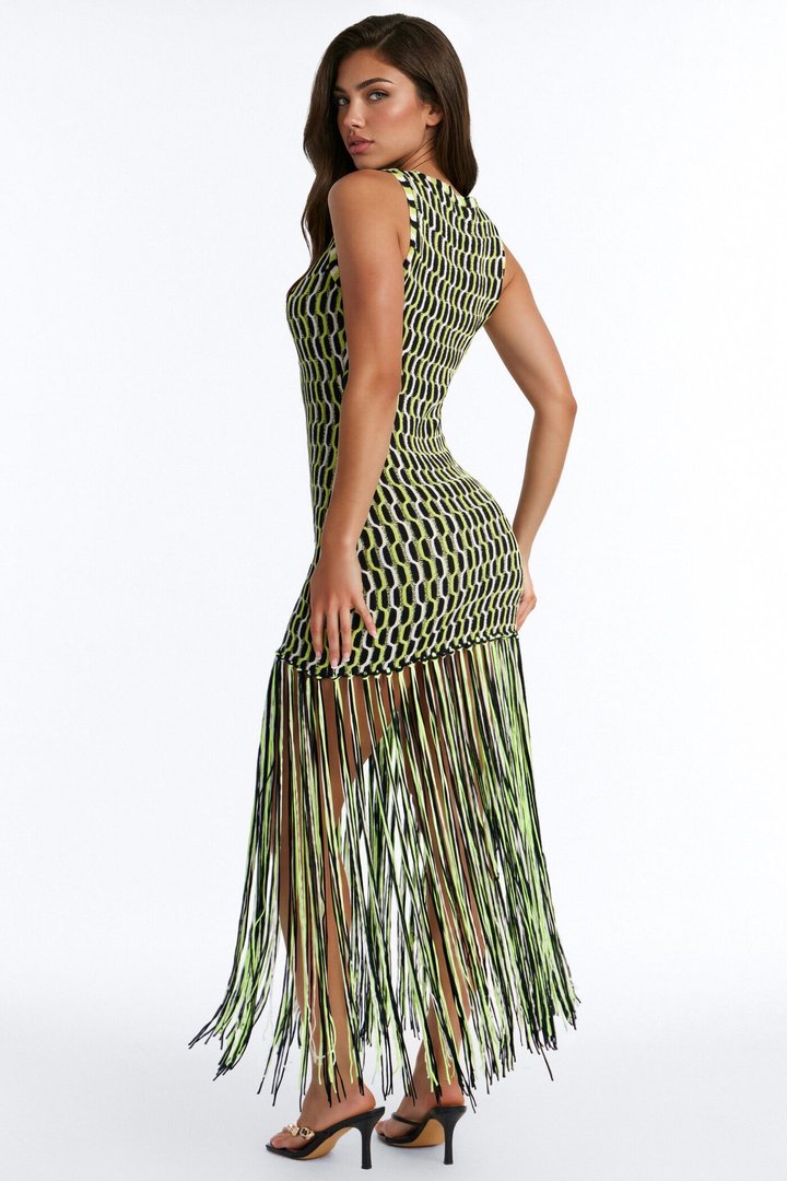 After Hours Fringe Sweater Maxi Dress - Green/combo