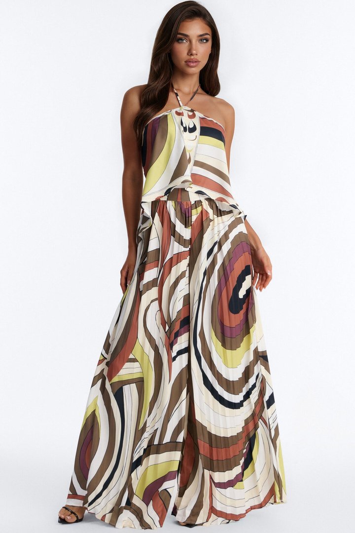 Resort Chic Pleated Wide Leg Jumpsuit - Brown