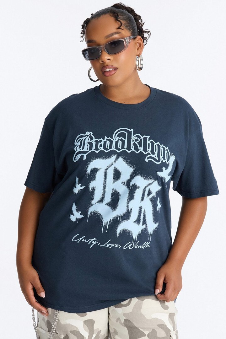 Brooklyn Drip Oversized Washed Tee - Navy