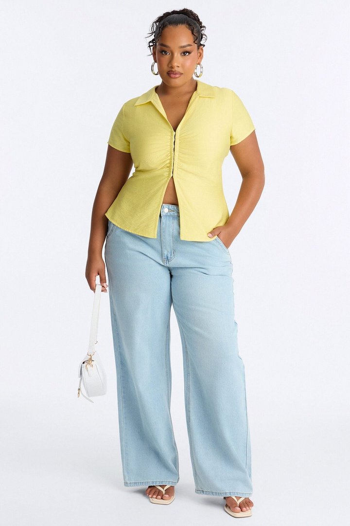 Make It Happen Short Sleeve Ruched Linen Top - Yellow