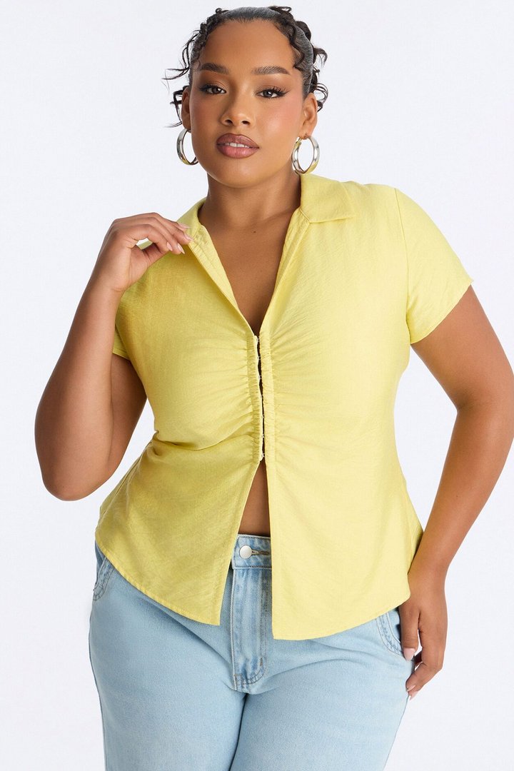 Make It Happen Short Sleeve Ruched Linen Top - Yellow