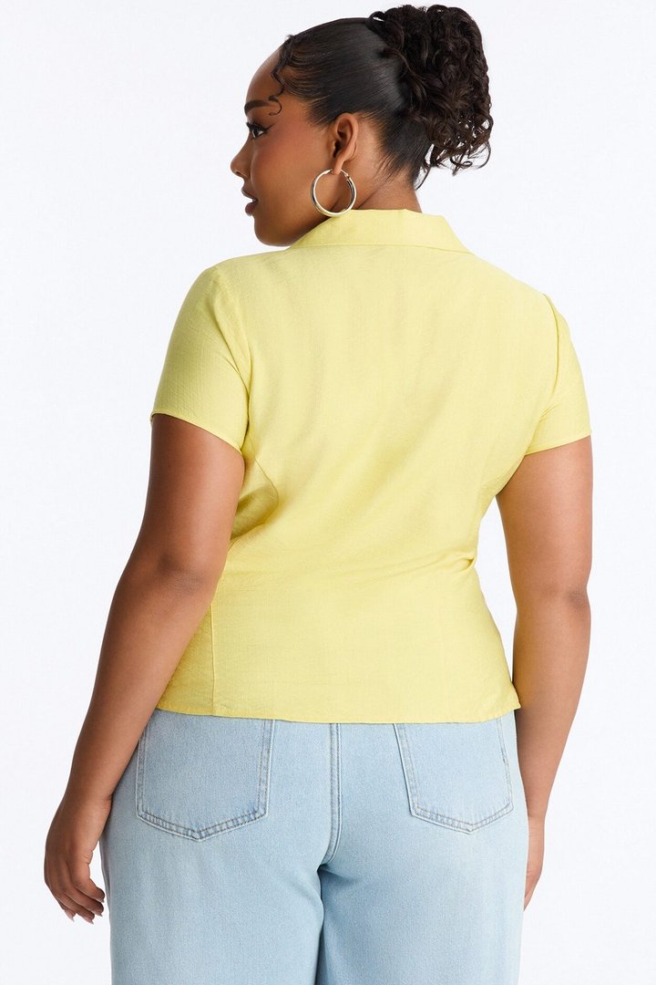 Make It Happen Short Sleeve Ruched Linen Top - Yellow