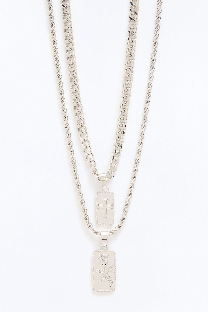 Rose In Faith Dog Tag Necklace Set - Silver