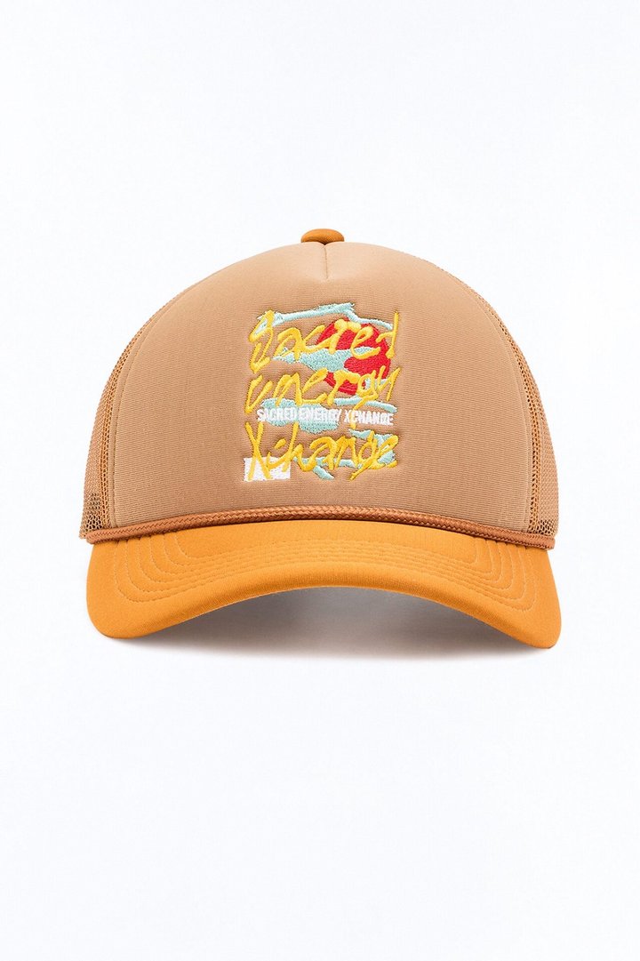 Sacred Energy Embroidered Mesh Snapback Hat - Khaki
