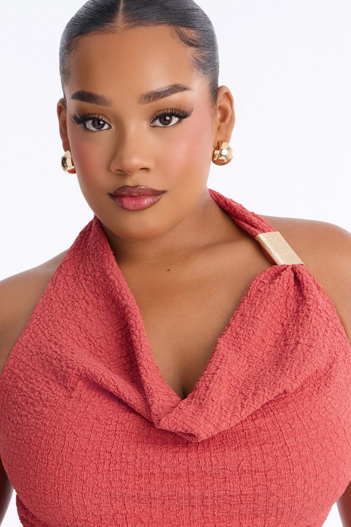 Sunny Textured Cowl Neck Hardware Halter Top - Terracotta