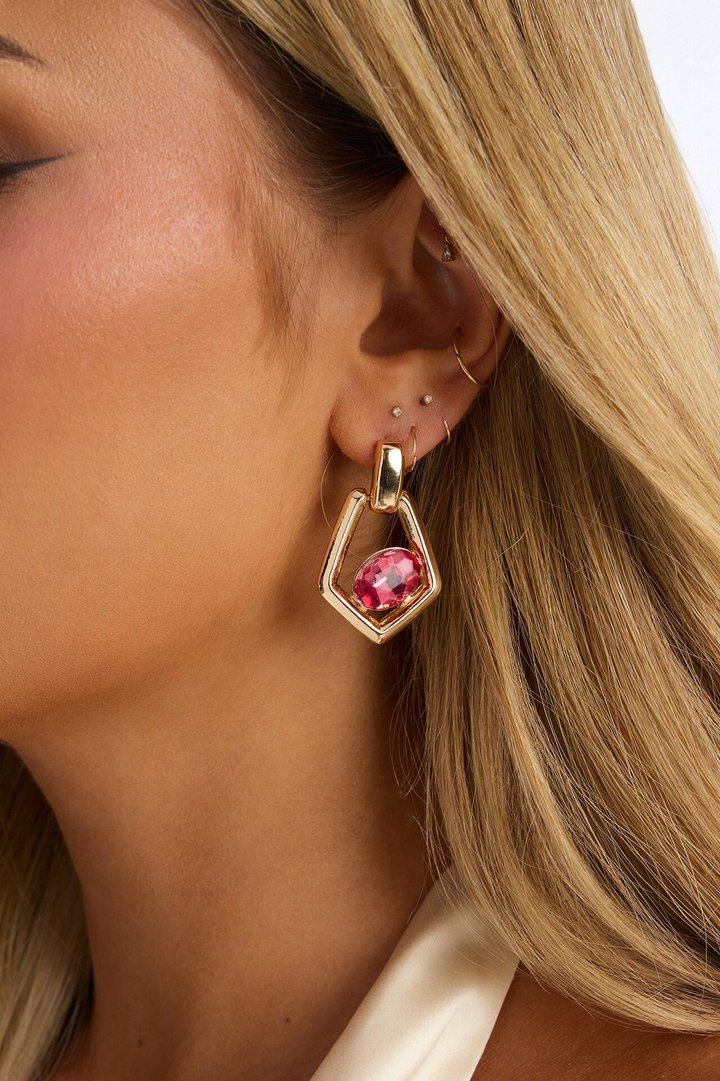 Keep It Rhinestone Drop Earrings - Gold/Pink