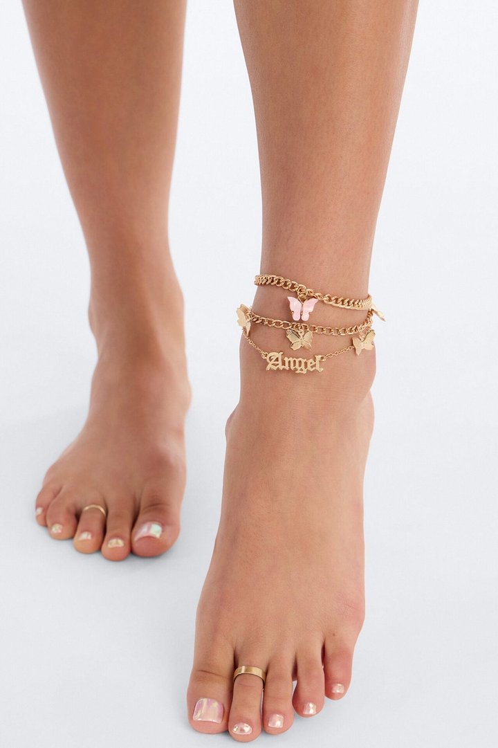 Angel Wings 3 Piece Anklet Set - Gold/Pink