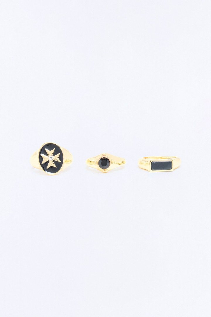 Obsidian Night Cross Ring Set - Gold