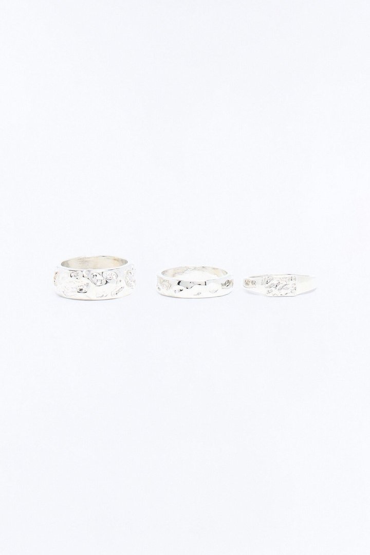 Molten Stone Hammered Ring Set - Silver