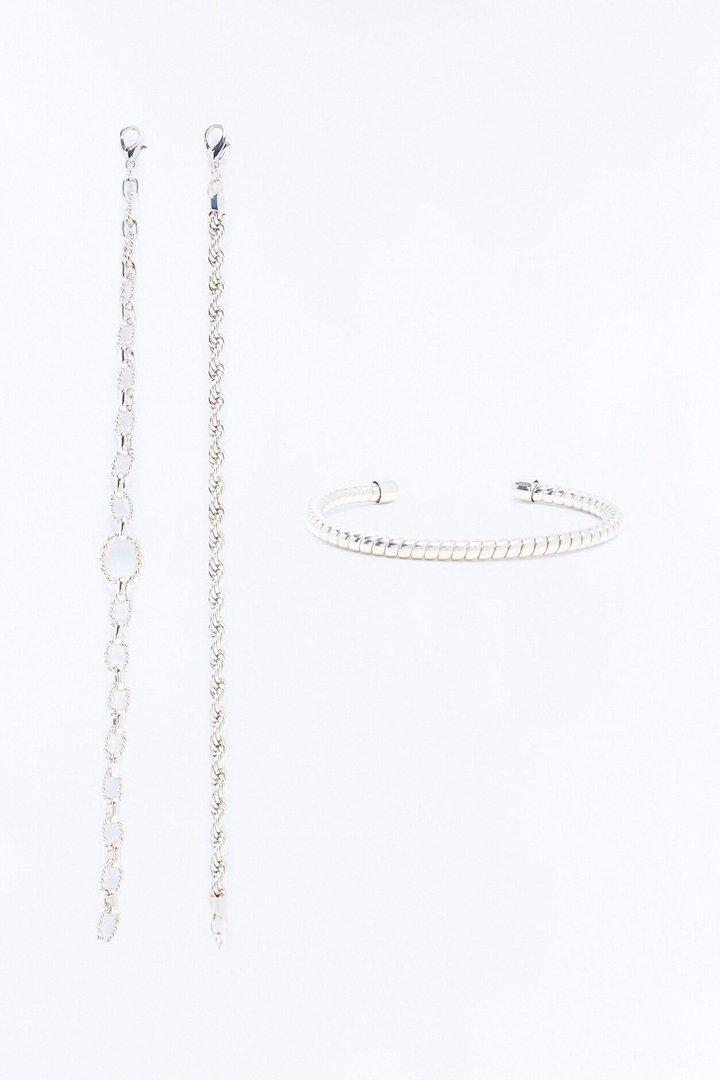 Twisted Rope Cuff And Chain Bracelet Set - Silver