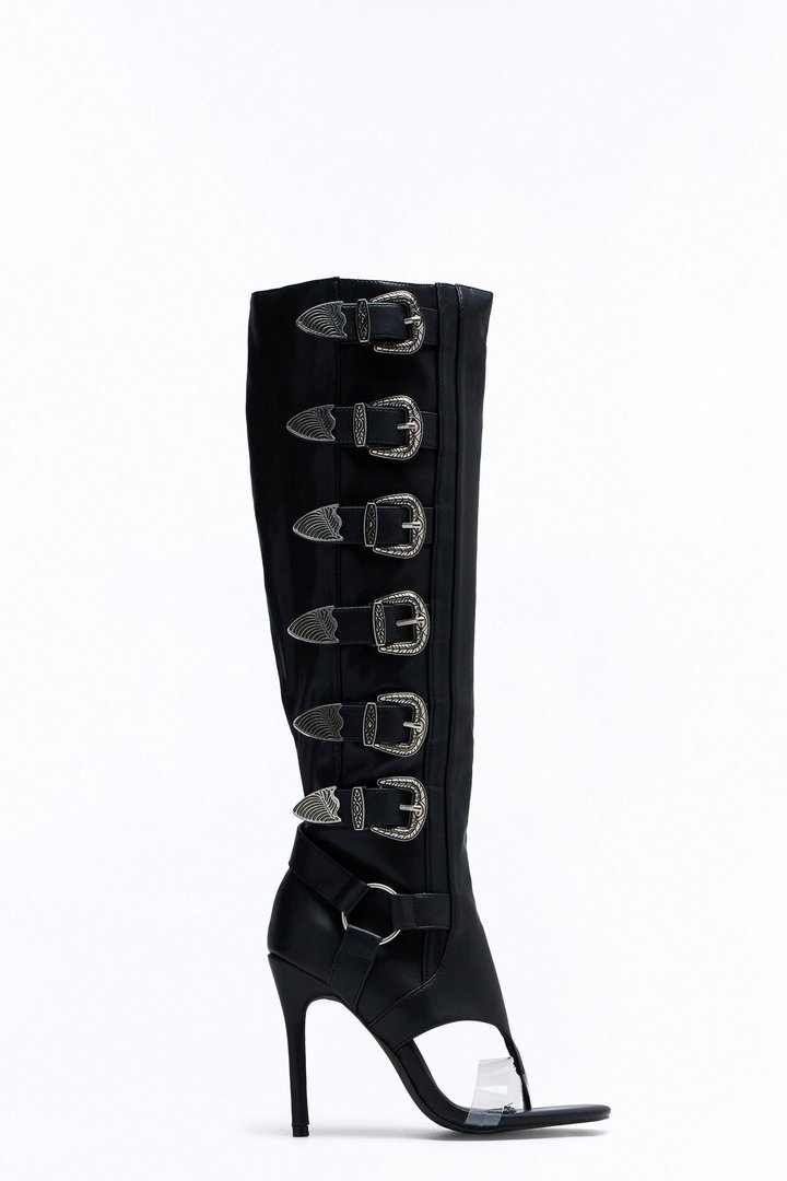 Elarah Buckle Knee High Thong Boots - Black