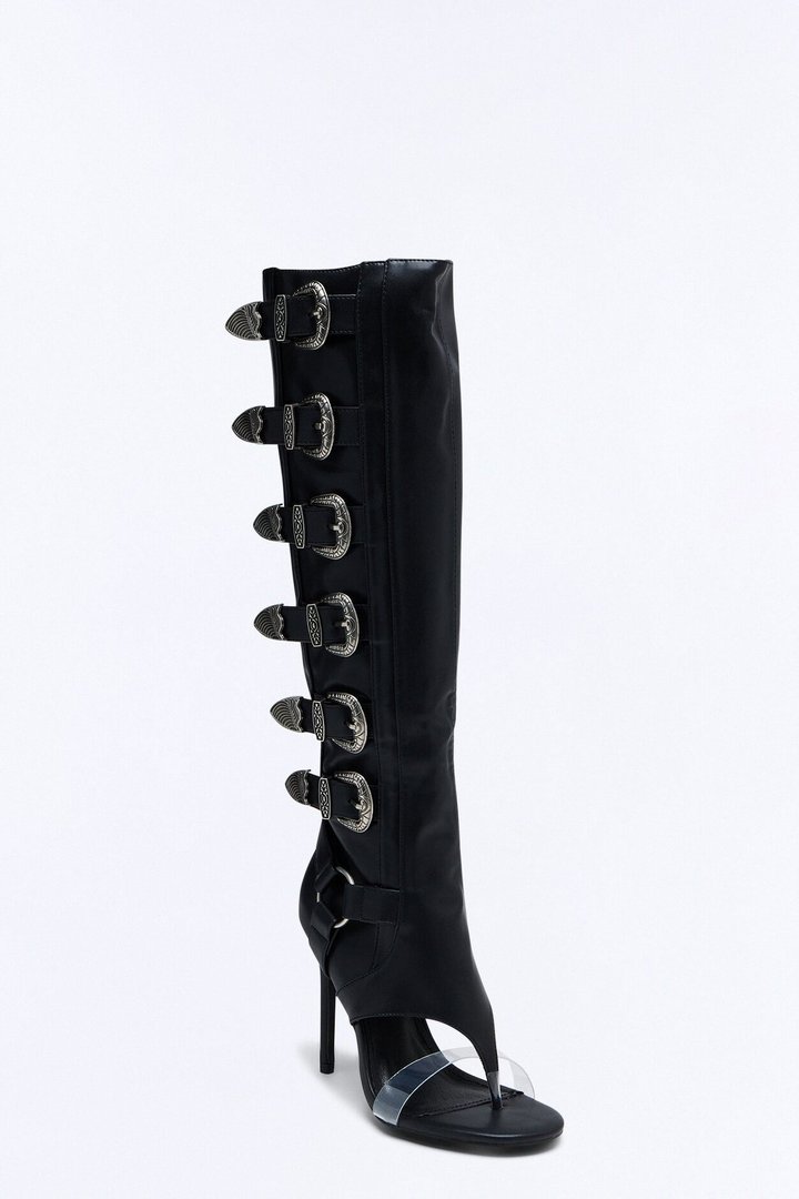 Elarah Buckle Knee High Thong Boots - Black