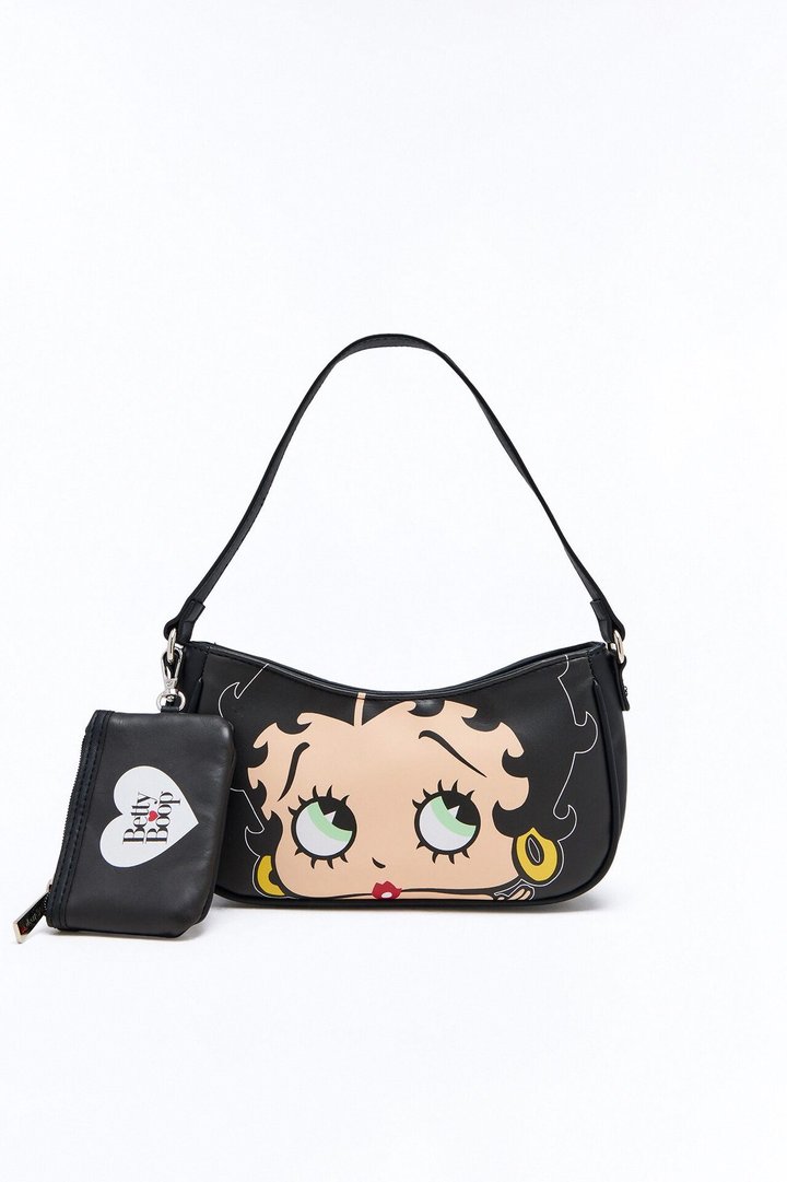 Betty Boop Jumbo Face Faux Leather Shoulder Handbag - Black