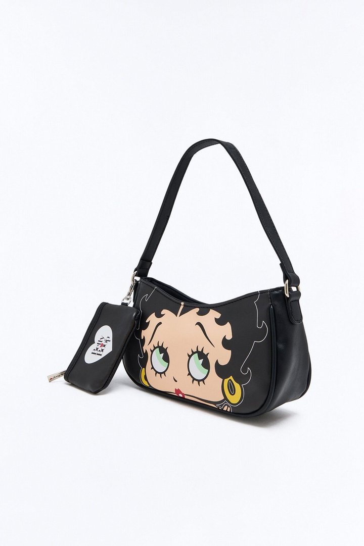 Betty Boop Jumbo Face Faux Leather Shoulder Handbag - Black
