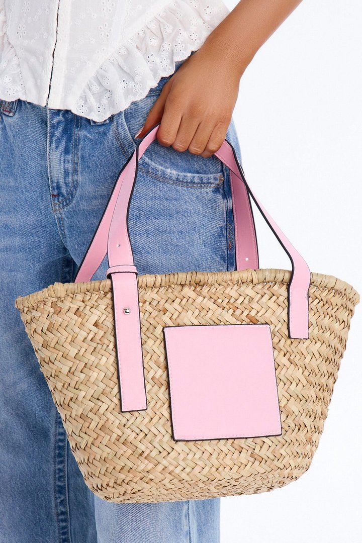 Sunday Picnic Straw Straw Tote Handbag - Pink/combo