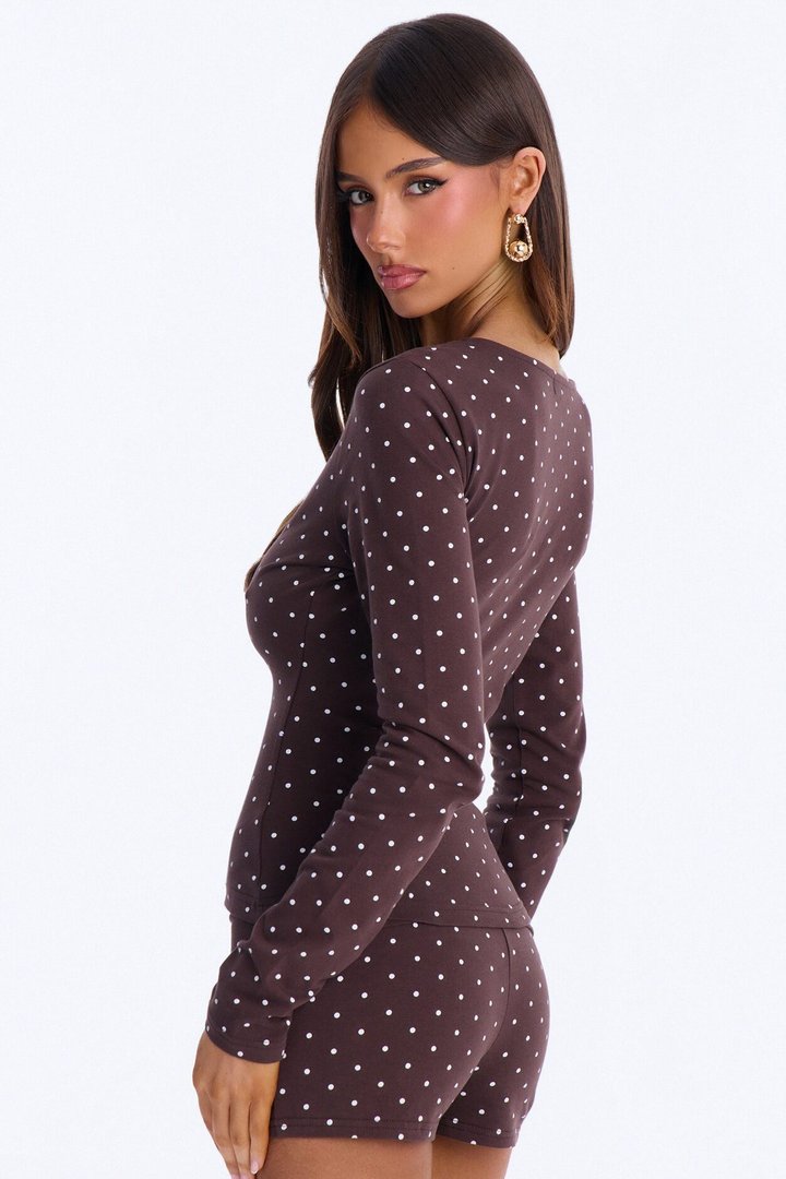 Madeline Polka Dot Button Up Knit Top - Brown/combo
