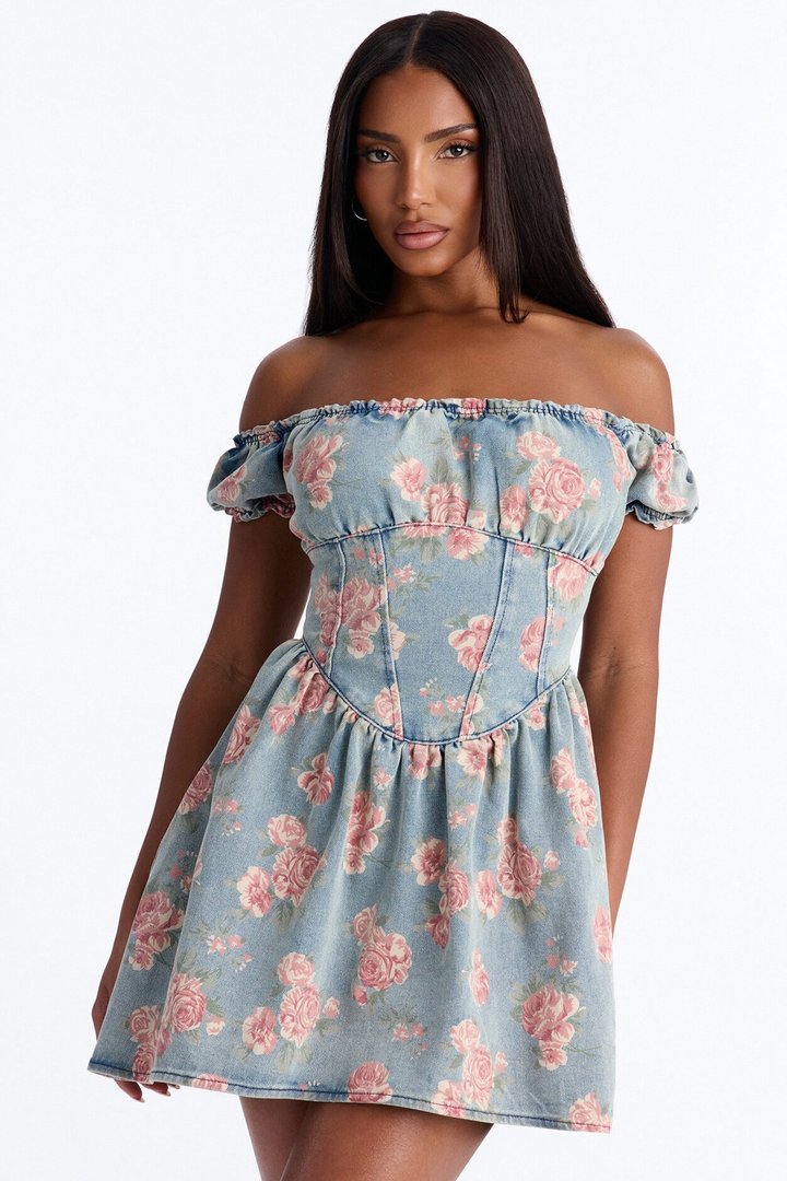 Mandy Floral Denim Corset Micro Mini Dress - Denim