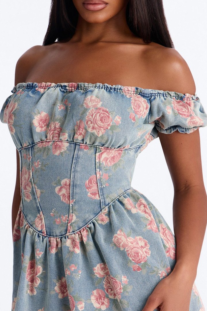 Mandy Floral Denim Corset Micro Mini Dress - Denim
