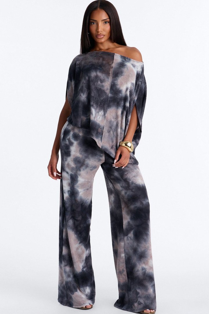 Riley Tie Dye Waffle Pant Set - Grey/combo