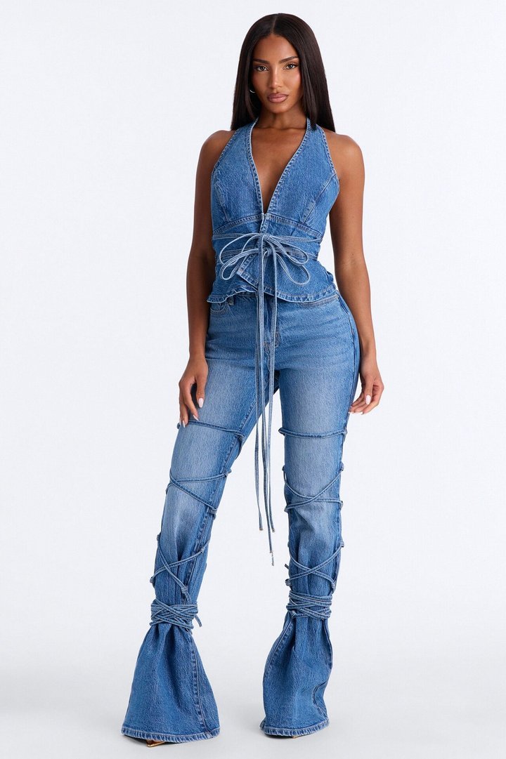 Georgia Lace Up Denim Pant Set - Medium Wash