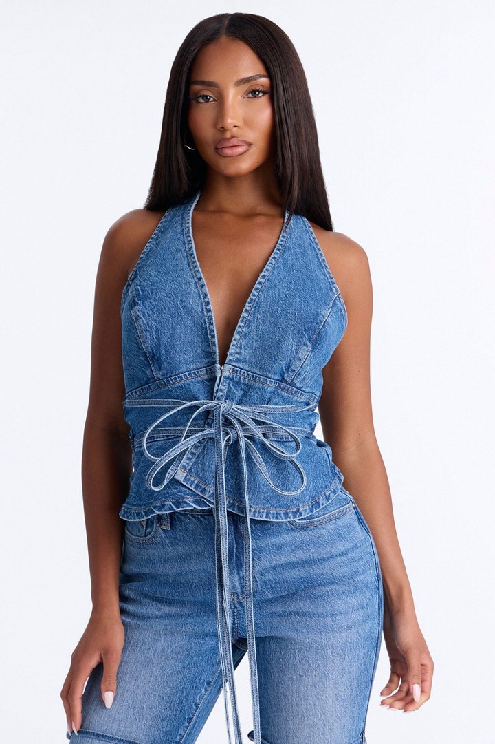 Georgia Lace Up Denim Pant Set - Medium Wash