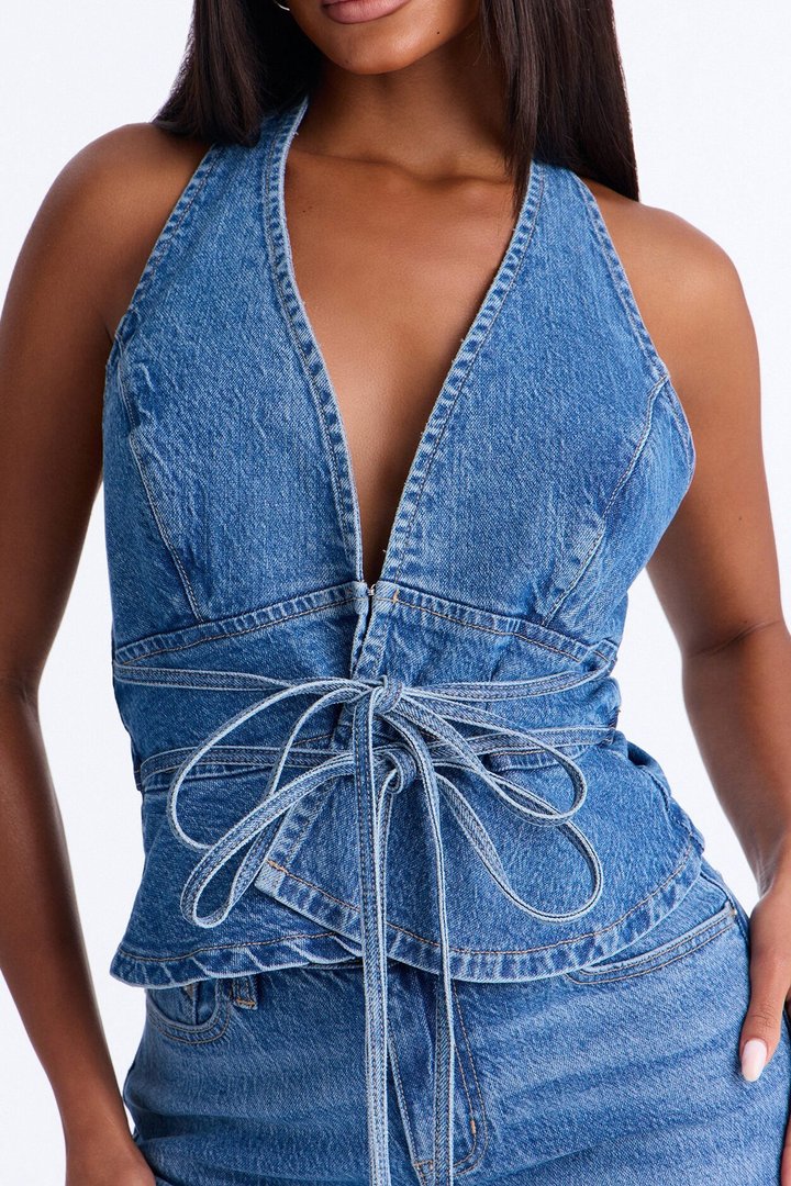 Georgia Lace Up Denim Pant Set - Medium Wash