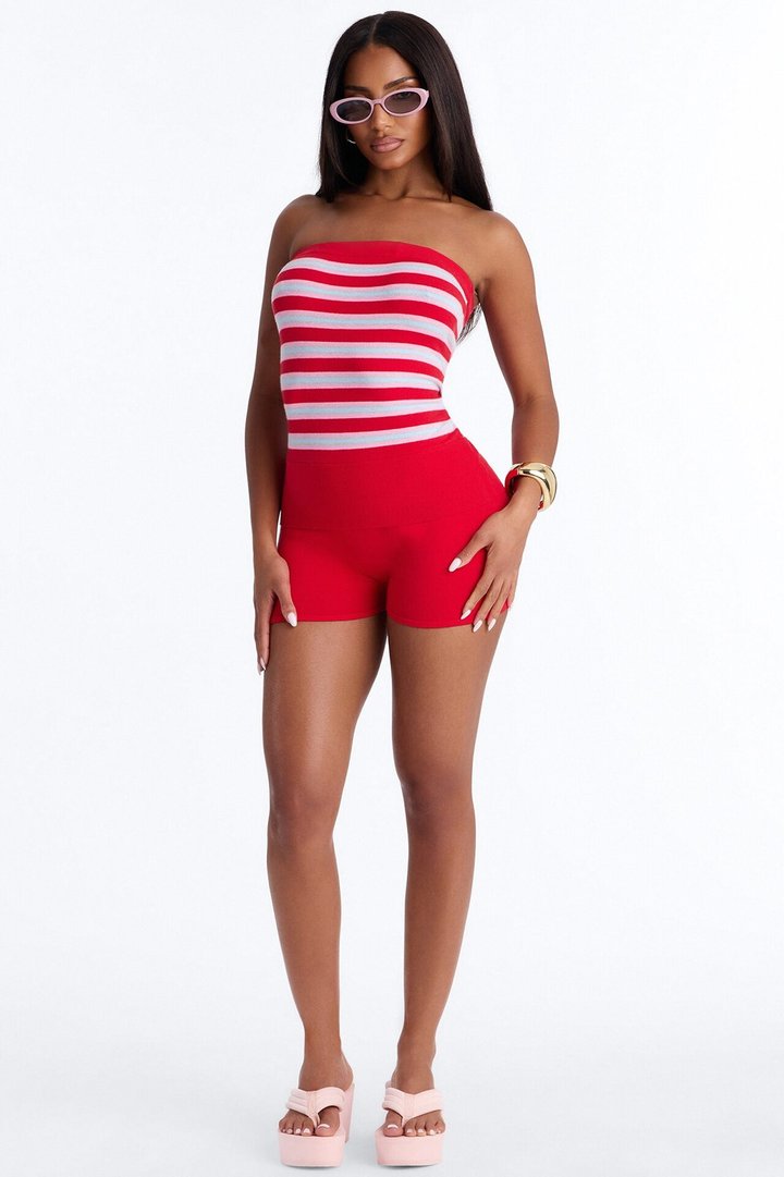 Sadie Strapless Striped Romper - Red