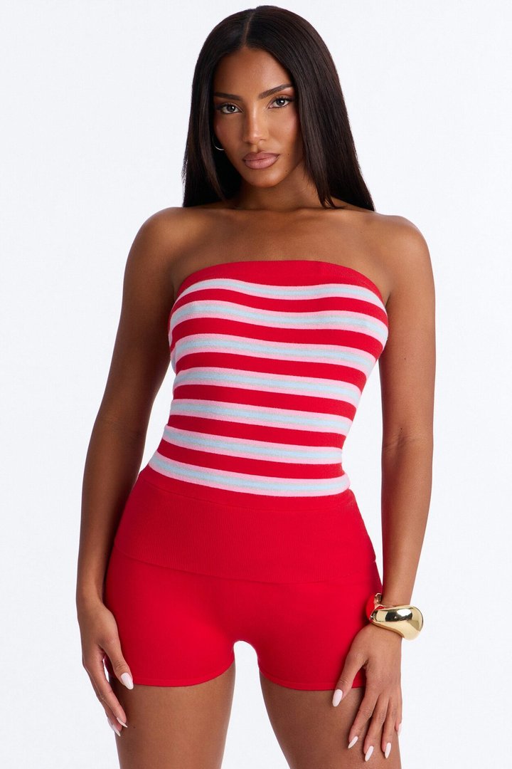 Sadie Strapless Striped Romper - Red