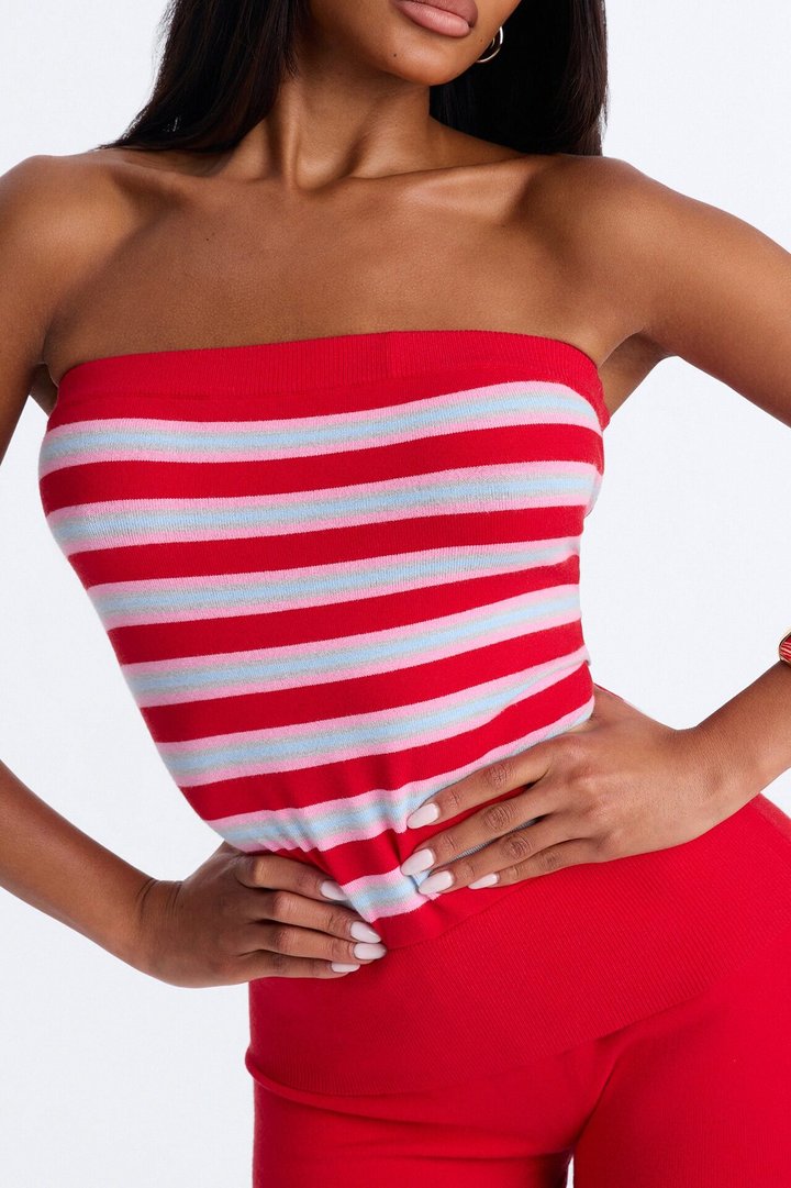 Sadie Strapless Striped Romper - Red