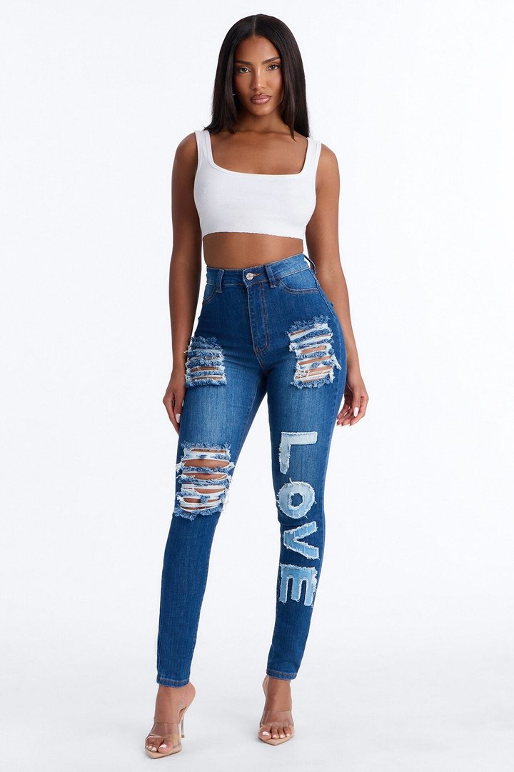 Love Letters Ripped Patch Skinny Jeans - Dark Wash