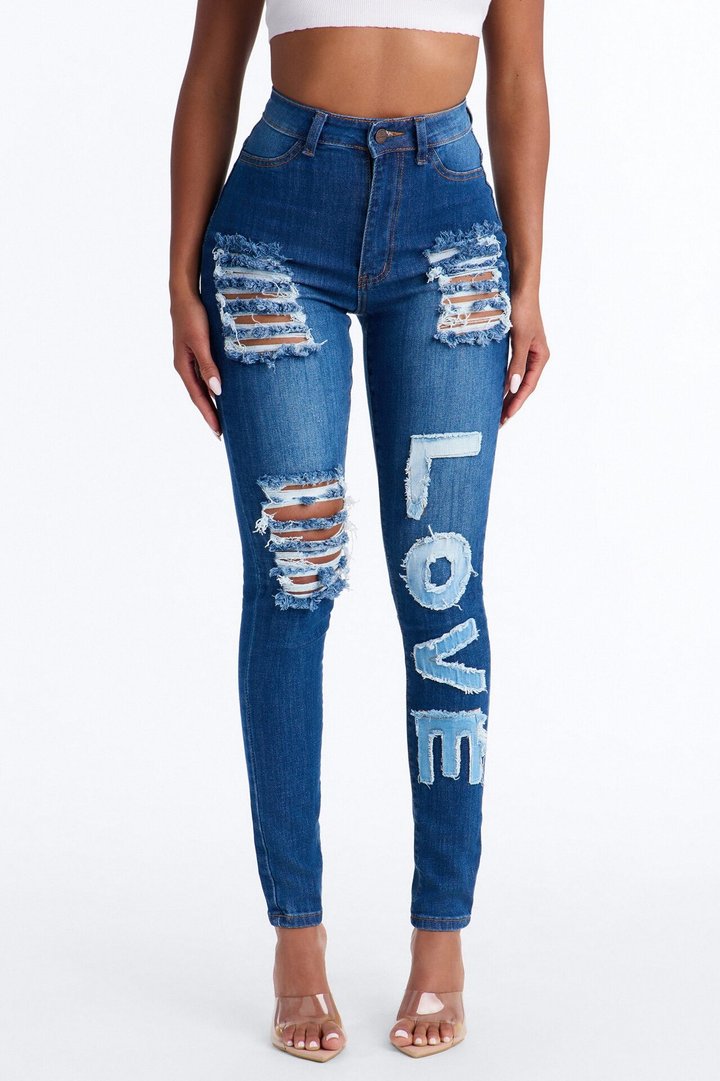 Love Letters Ripped Patch Skinny Jeans - Dark Wash
