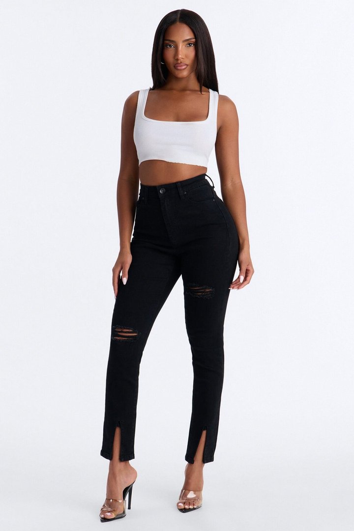 Maybe One Day Ripped Split Hem Skinny Jeans - Black