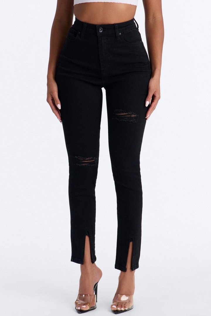 Maybe One Day Ripped Split Hem Skinny Jeans - Black