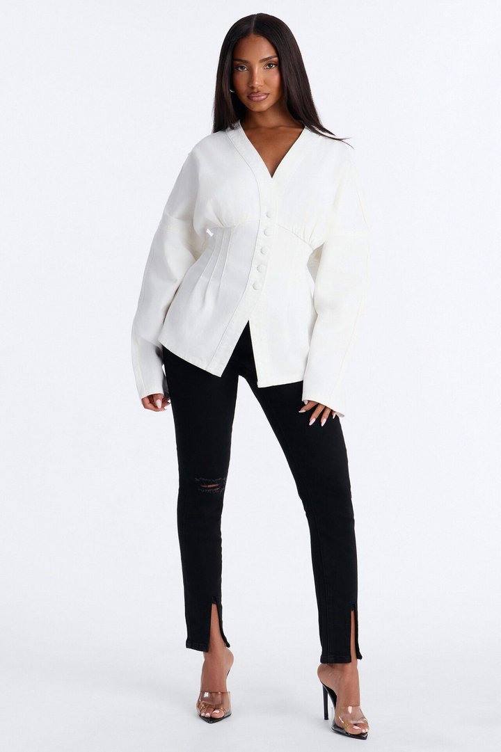 Lola Cinched Waist Barrel Sleeve Jacket - White