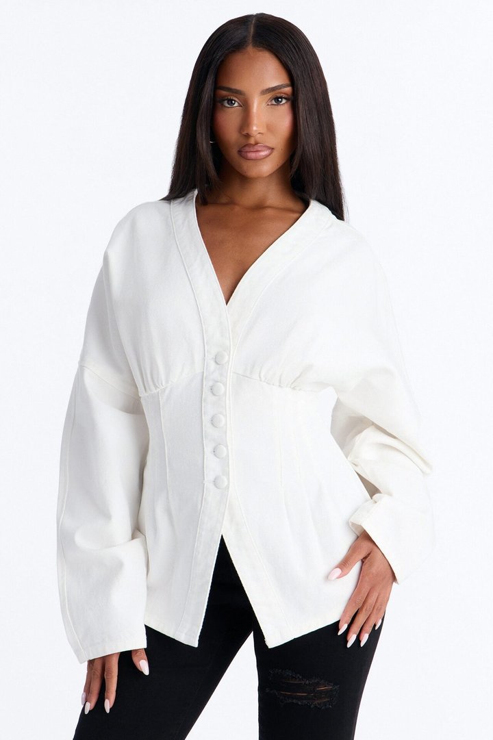 Lola Cinched Waist Barrel Sleeve Jacket - White