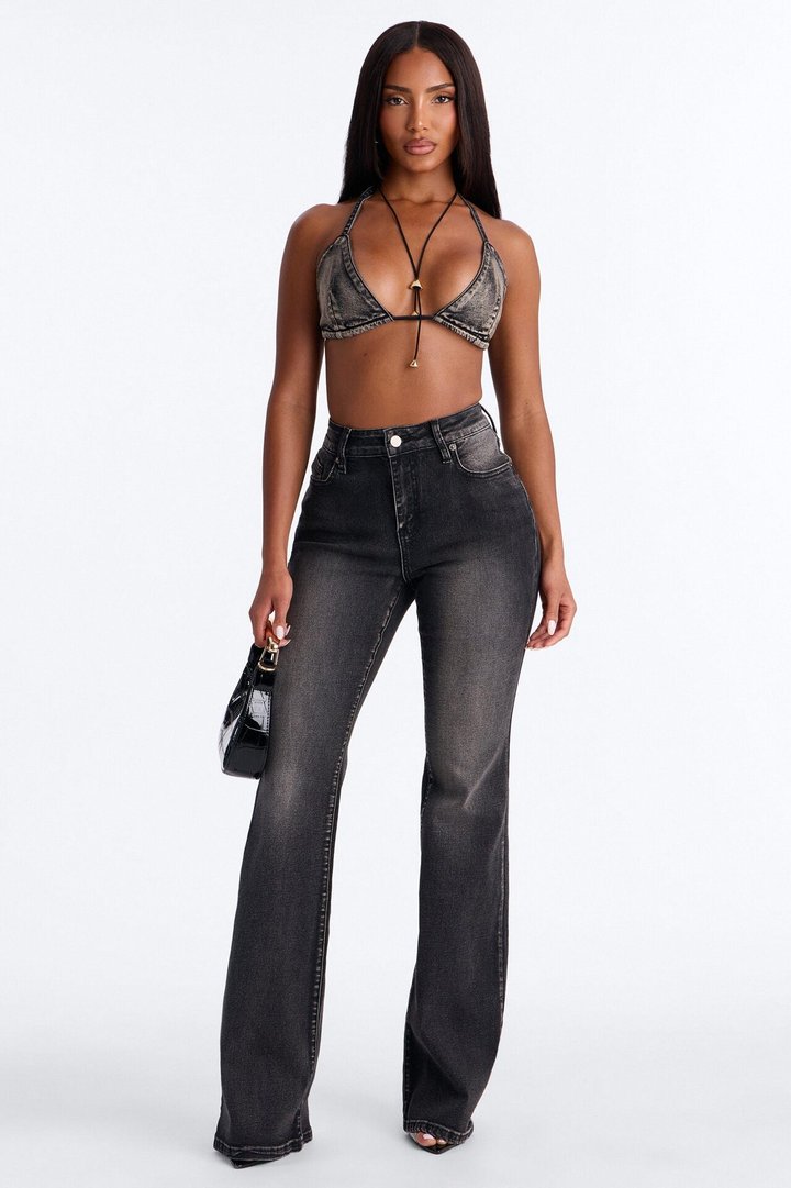 Mia Bra Top Denim Flare Pant Set - Black Wash