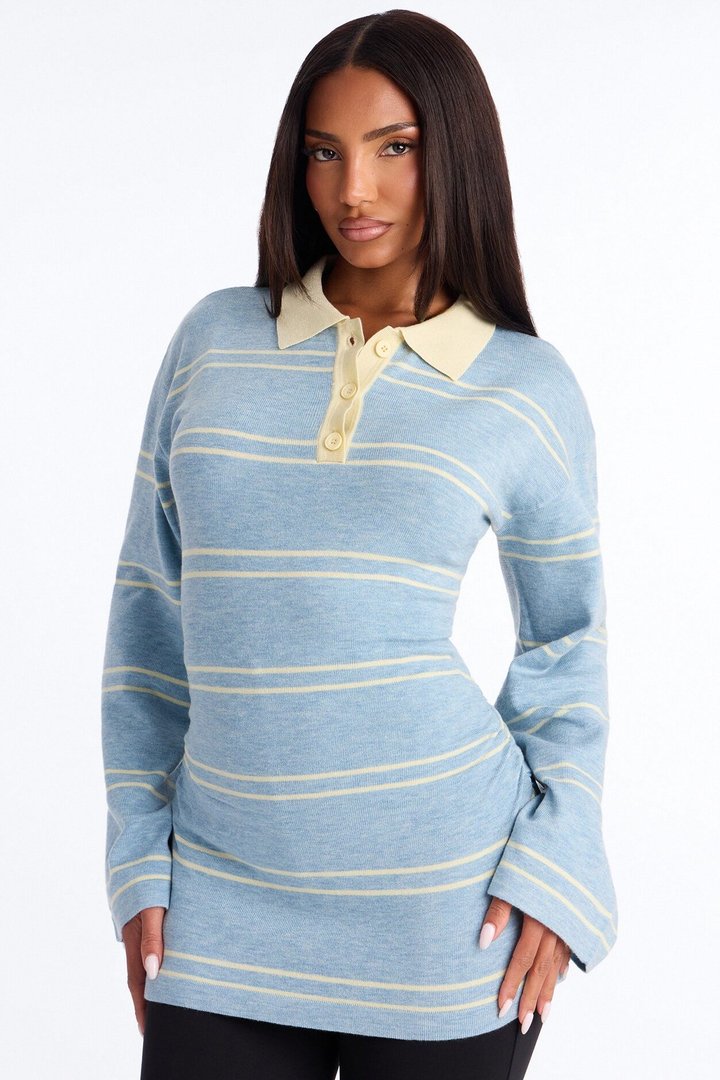 Snuggle Season Striped Polo Sweater - Light Blue