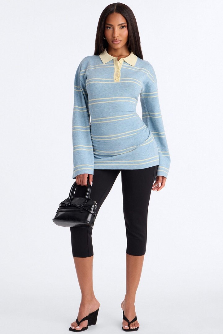 Snuggle Season Striped Polo Sweater - Light Blue